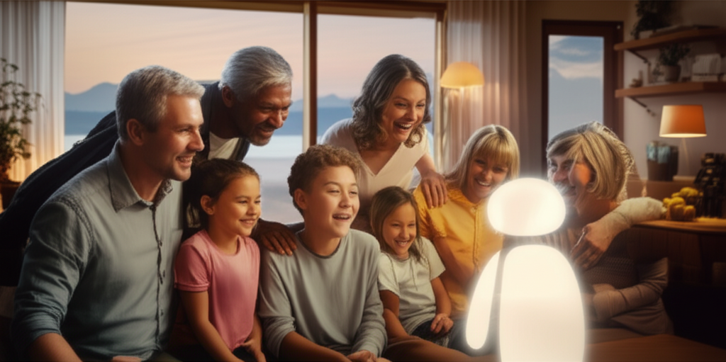 An image depicting a diverse group of families (grandparents, parents, children of various ages) smiling and gathered around a stylized, glowing, friendly-looking robotic or AI companion (think a minimalist, non-threatening design – more like a friendly light source or abstract form than a humanoid robot) in a comfortable home setting. The lighting should be warm and inviting, and the overall feeling should be one of connection and shared joy.