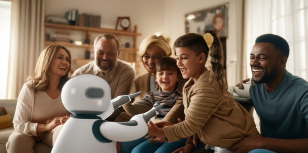 A warm, softly lit living room scene featuring a diverse family (parents, grandparents, and children of varying ages) all smiling and looking towards a friendly-looking, rounded robot companion that is playfully interacting with a child using gestures. The robot should not appear overly futuristic or intimidating, but rather approachable and kind.