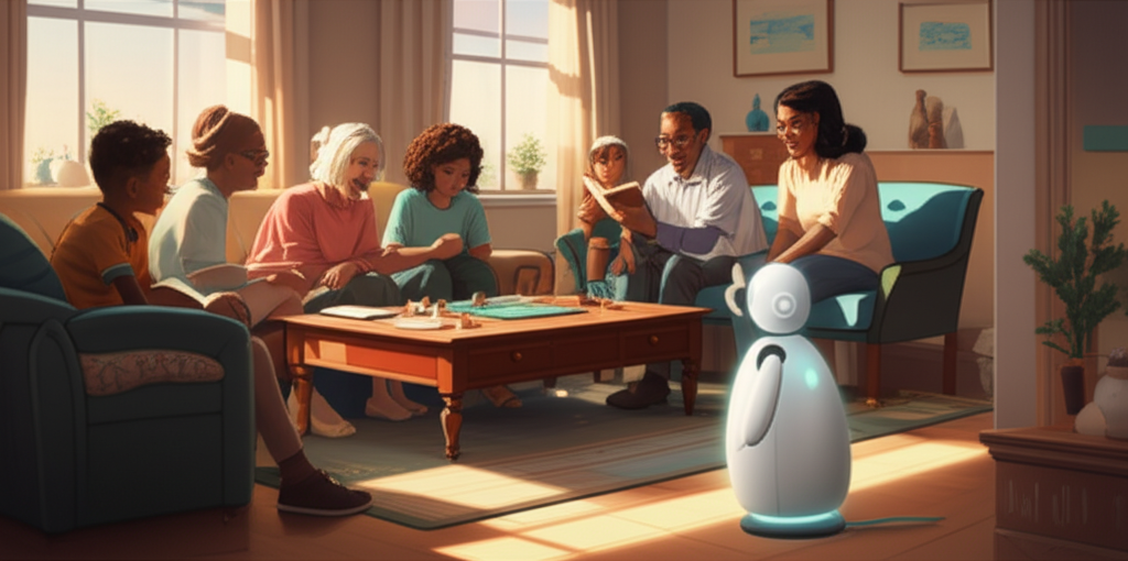 A warmly lit living room scene depicting a diverse family (grandparents, parents, children) interacting comfortably. An AI companion, subtly represented as a soft, glowing orb or a friendly, stylized robot with non-intrusive features, is present but not the focal point. The family is engaged in activities like playing a board game or reading books together, with expressions of joy and connection. The overall atmosphere should be cozy, safe, and inclusive.