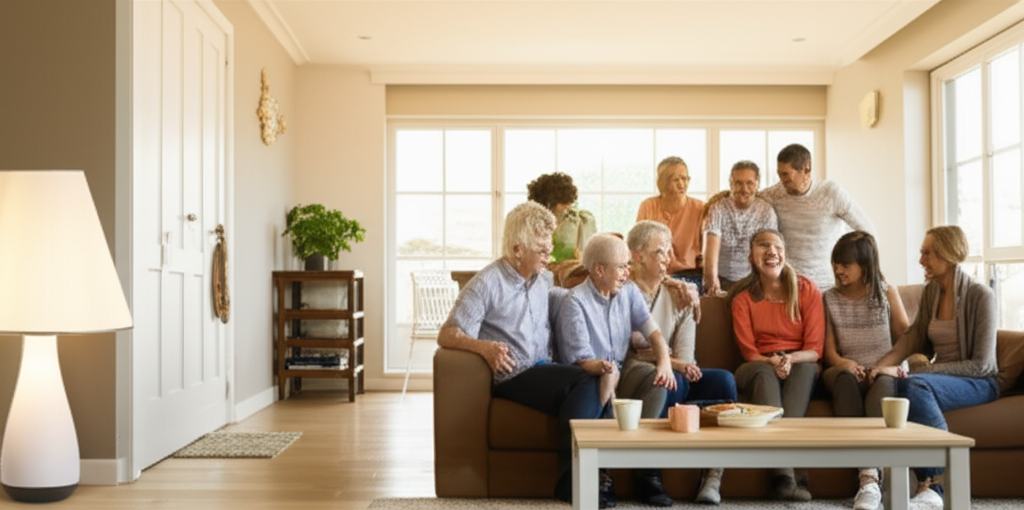 A brightly lit, warmly colored living room showing a multi-generational family (grandparents, parents, and children) smiling and interacting together. In the corner, a sleek, unobtrusive AI companion device (something like a modern lamp or abstract sculpture) glows softly, suggesting a helpful presence without dominating the scene. The overall atmosphere is one of connection, joy, and comfortable ease.