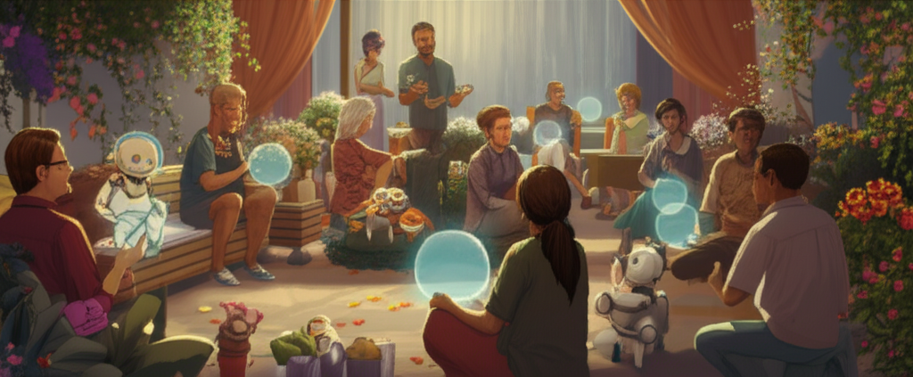 A warmly lit, slightly stylized illustration of a diverse group of people of different ages and backgrounds gathered comfortably around a shared outdoor space (like a patio or a garden). Some are engaged in face-to-face conversation, while others are interacting positively with AI companions (represented by soft, glowing orbs or subtly futuristic, friendly-looking devices) that are clearly integrated into the scene, not dominating it, and are fostering connection rather than isolation. The overall feeling is one of relaxed togetherness and shared enjoyment.
