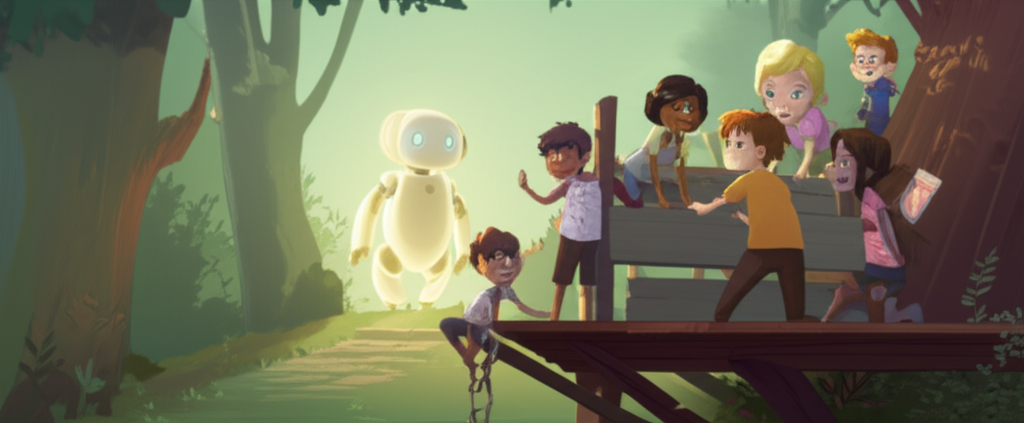 An illustration depicting a diverse group of children of varying ages and ethnicities joyfully engaged in an outdoor activity like building a treehouse together. A stylized, softly glowing, friendly-looking robot companion is subtly overseeing them from a distance, its posture suggesting gentle guidance and protection, rather than direct involvement. The environment is bright, green, and inviting, reflecting a safe and supportive community setting.