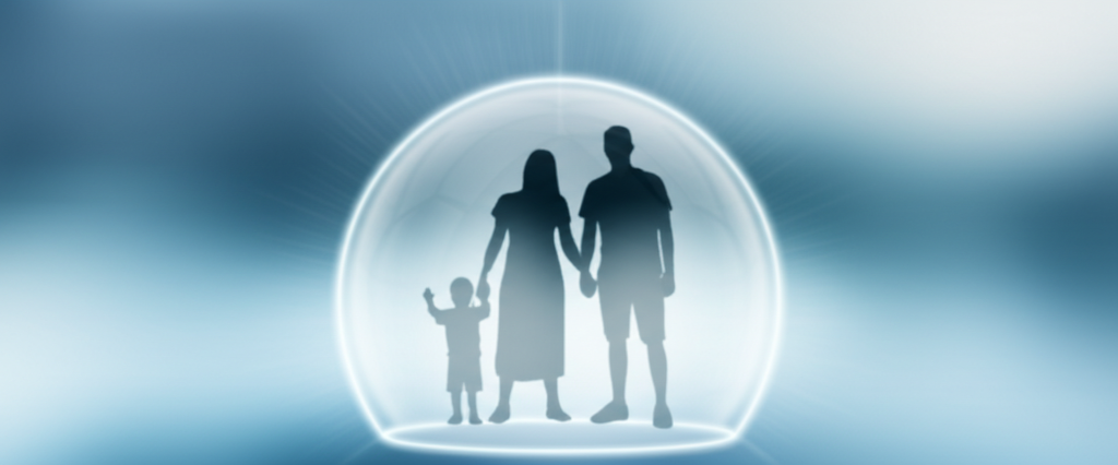 A silhouette of a family inside a glowing, translucent dome, with faint, radiating lines emanating outwards from the dome, but abruptly stopping at a clearly defined perimeter around it, suggesting protection and containment of personal data within a safe, virtual space. The background outside the perimeter is blurred and less defined.