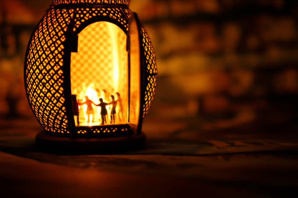 A softly glowing, intricately patterned lantern, partially open, revealing a warm, inviting light within that illuminates a small, diverse group of miniature, stylized figures holding hands in a circle. The surrounding area outside the lantern is subtly blurred.