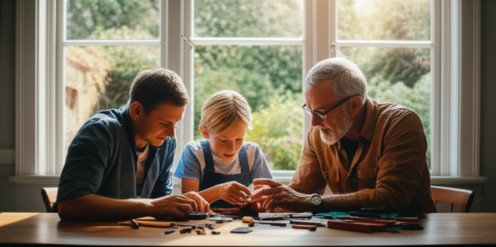 An intergenerational family (child, parent, grandparent) collaborating to repair a smartphone together at a kitchen table, with tools and spare parts spread out. Sunlight streams through a window showing a thriving garden.
