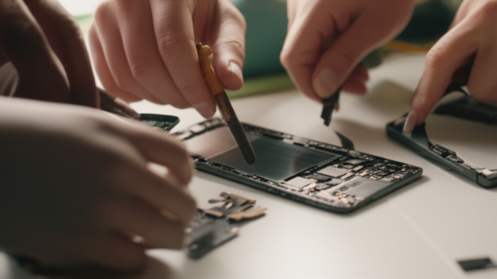 A close-up of a diverse family's hands collaboratively assembling a smartphone, bathed in soft, natural light suggesting a sense of empowerment and sustainability. The hands vary in age and skin tone, emphasizing inclusivity and the family aspect of responsible consumption. The components of the phone are visible but not overly technical, suggesting ease of repair and accessibility.