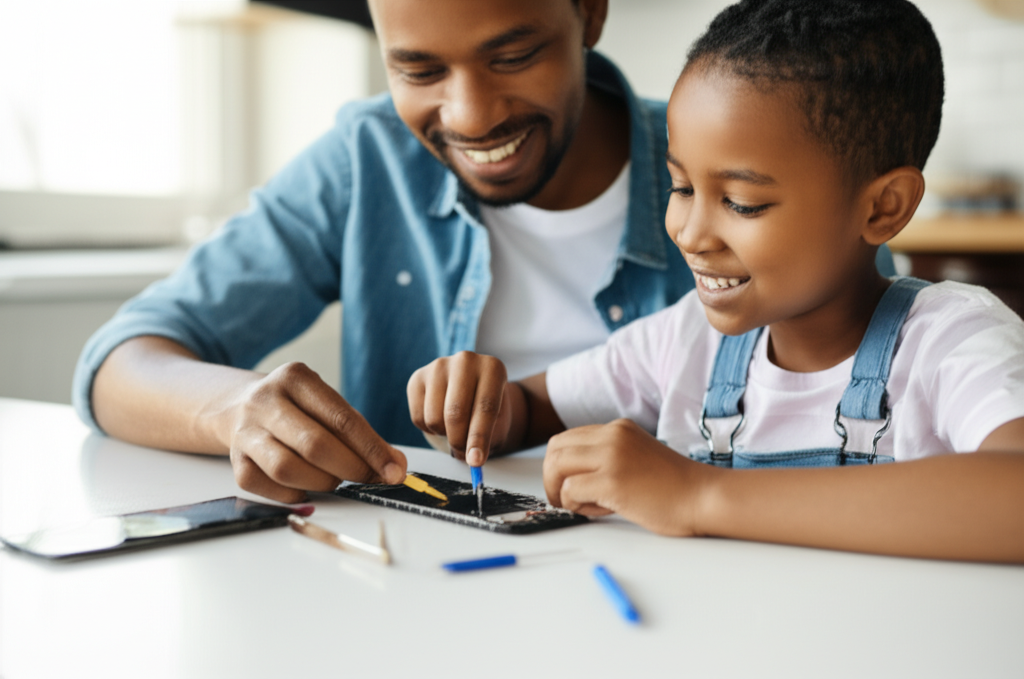 A close-up shot of a parent and child, both smiling, working together to replace a cracked smartphone screen using simple tools on a well-lit kitchen table. Spare parts and the open phone are clearly visible, but not overwhelming the image. The atmosphere is one of collaboration and accomplishment.