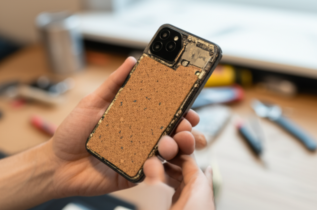 A close-up of a hand gently holding a smartphone. The smartphone's back panel is partially disassembled, revealing glimpses of internal components made from natural, earthy-toned materials like cork, bamboo fiber, or recycled plastic with visible flecks of different colors, suggesting post-consumer recycled content. The background is blurred, hinting at a bright, naturally lit workshop with visible tools nearby.