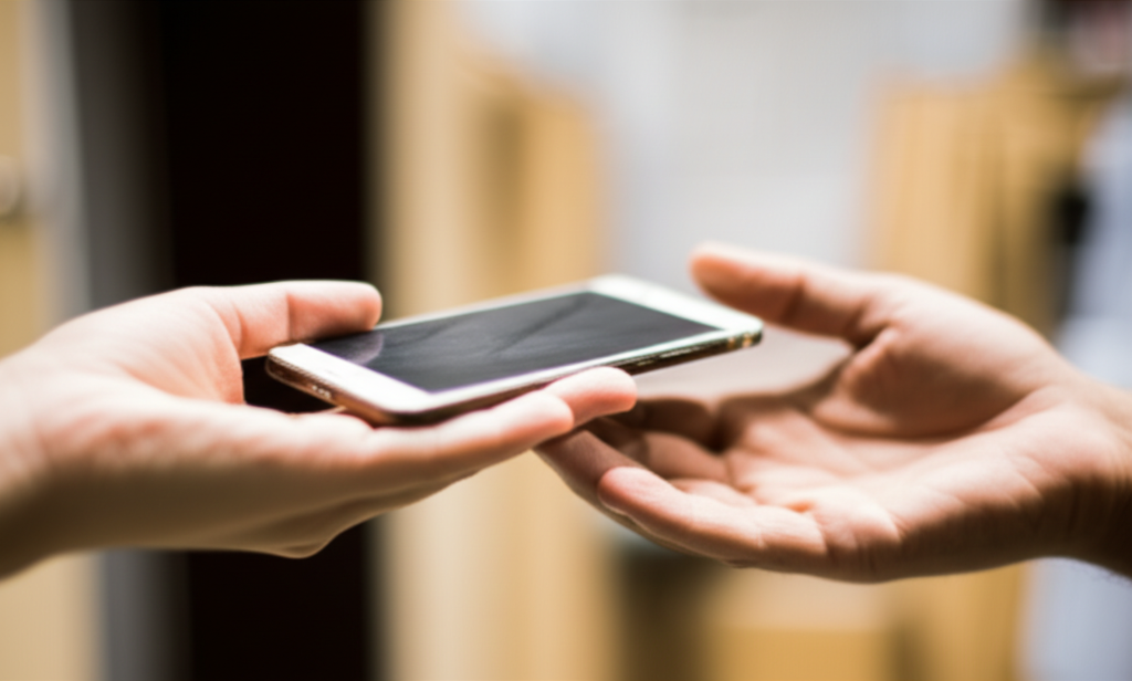 A hand gently passing a used, but well-maintained smartphone to another hand, suggesting a handover or passing down within a family. The background is a blurred, warm-toned home environment.