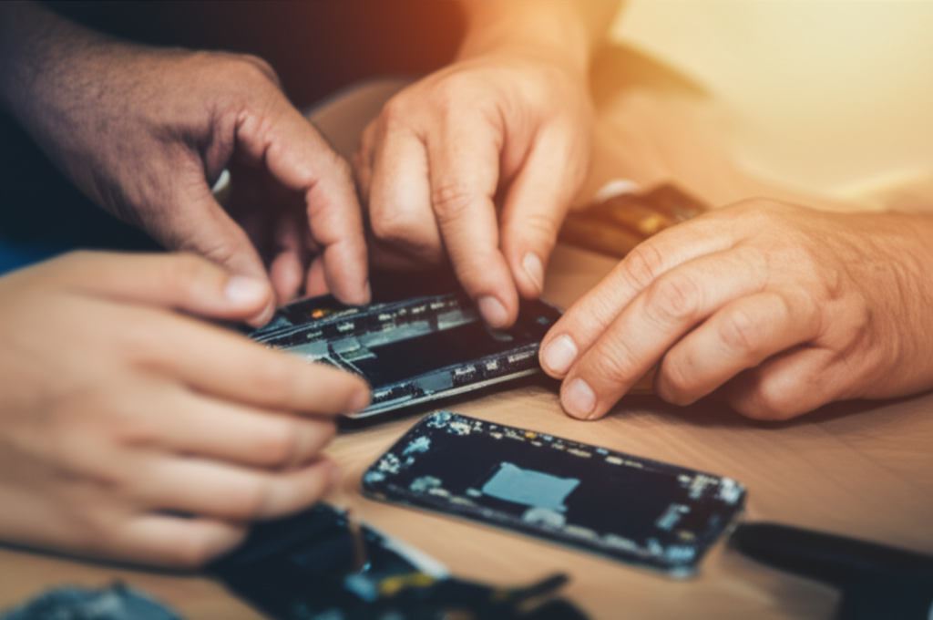 A close-up of a family's hands of different ages (child, teen, adult) gently assembling or repairing a smartphone. The lighting is warm and inviting, suggesting a collaborative and empowering atmosphere.