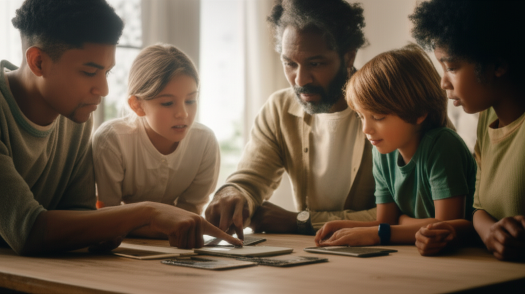 A diverse family (parents, children of varying ages) gathered around a simple wooden table. They are all looking with genuine interest at a disassembled smartphone. One parent is gently pointing to a specific component, while the other children are observing closely. The overall tone is one of engaged learning and hands-on exploration, bathed in soft, natural light from a nearby window.