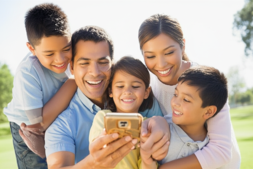 A family of four (parents and two children) smiling and looking at a single, well-worn but clearly functional smartphone being held by one of the parents. The background is a bright, sunlit scene with a park or nature setting suggesting outdoor activities. Their clothing is practical and everyday, not flashy or overtly branded. The overall feeling is happy, contented, and connected.