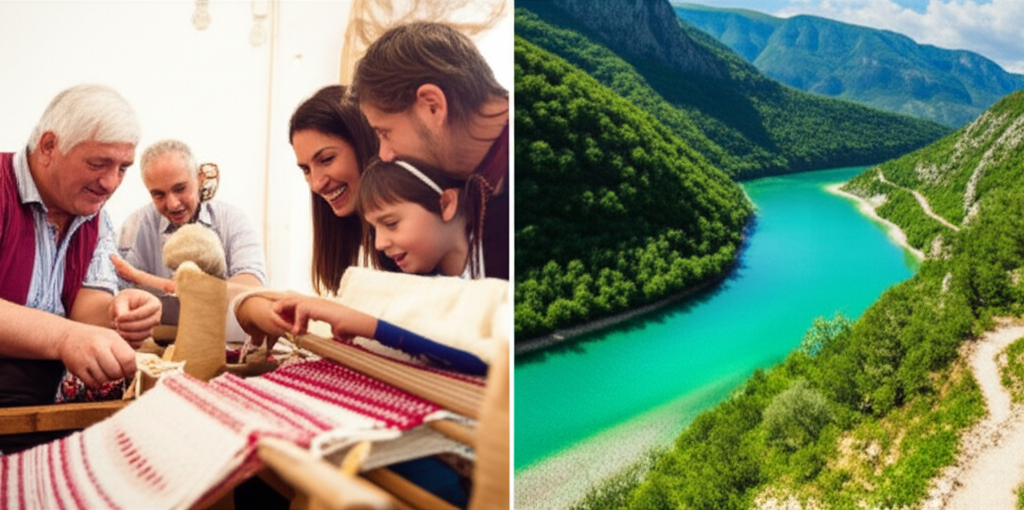 A split image. One side shows a close-up of a smiling, multigenerational family (grandparent, parent, child) participating in a traditional Balkan craft, like weaving or pottery, with locally sourced materials. The other side depicts a stunning, less-touristed natural Balkan landscape, such as a mountain vista or a turquoise river, with subtle, eco-friendly signs of human presence, like a small, well-maintained hiking trail.