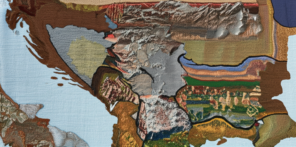 A woven tapestry depicting a simplified map of the Balkans. Different textures and colors within the weave represent the diverse landscapes (mountains, coastlines, fields), with subtle, recurring motifs woven throughout that suggest shared cultural elements like traditional patterns. The tapestry should look hand-made and slightly imperfect, conveying authenticity.