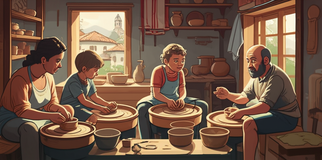 A family (two adults, two children) participating in a traditional pottery-making workshop in a rustic, sun-drenched Balkan village. The family members are actively engaged in shaping clay on pottery wheels, guided by a local artisan with kind eyes and weathered hands. The background features shelves filled with finished pottery, local woven textiles, and glimpses of the village's traditional architecture.