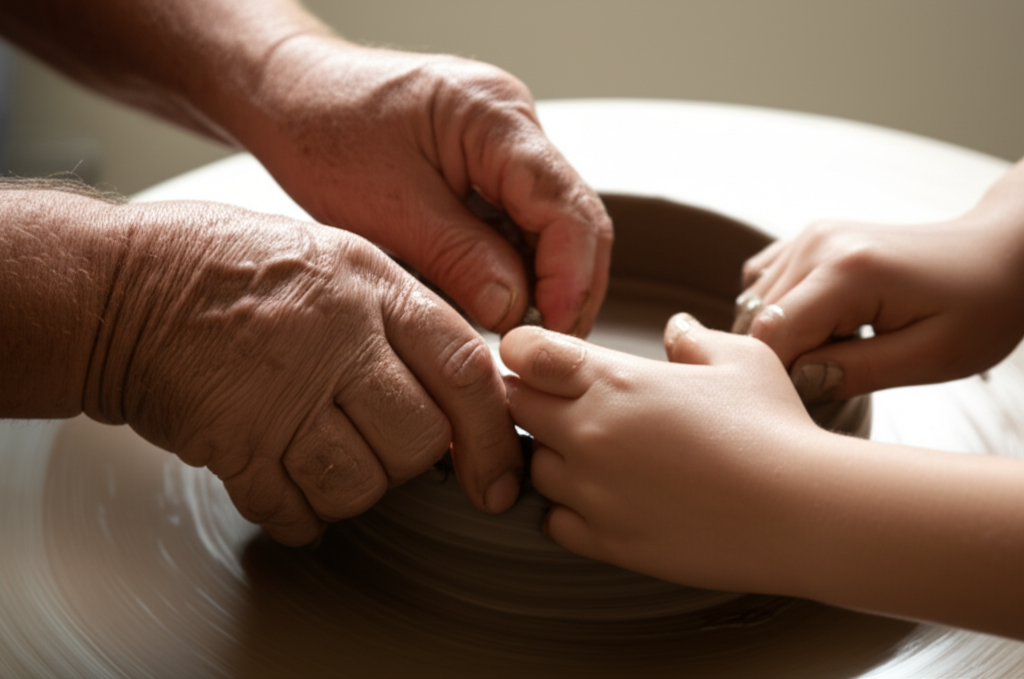 A close-up shot of hands, one older and weathered, guiding the hands of a younger person (child or young adult), both working together on a traditional craft like pottery, wood carving, or weaving. The focus is on the interaction and the passing down of skill.