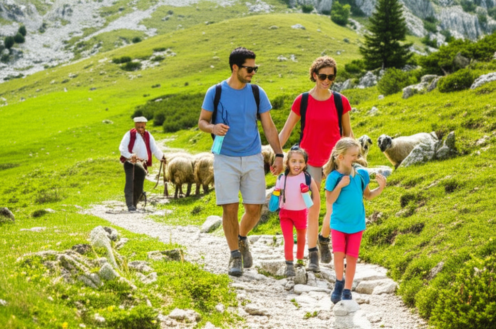 A family (two adults, two children) hiking on a well-maintained trail in a lush Balkan mountain landscape. They are carrying reusable water bottles and small backpacks. In the background, a traditionally dressed shepherd is tending to a small flock of sheep, creating a sense of harmony and connection to the local culture and environment. The overall feel is bright, airy, and promotes positive interaction and responsible enjoyment of nature.