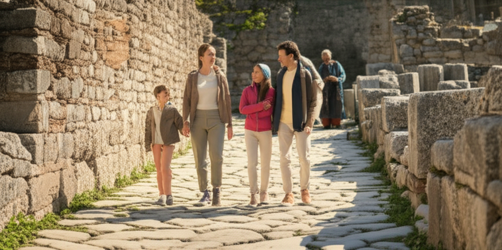 A wide-angle shot of a family (parents and two children) walking on a cobblestone path through the ruins of an ancient Roman city in the Balkans. The family is dressed in modest, comfortable clothing suitable for walking and exploring. They are looking with genuine interest at the ruins, and an elderly local artisan (perhaps a potter or weaver) is visible in the background, seemingly engaging with the family in conversation with a respectful smile. The scene is bathed in warm, natural sunlight.