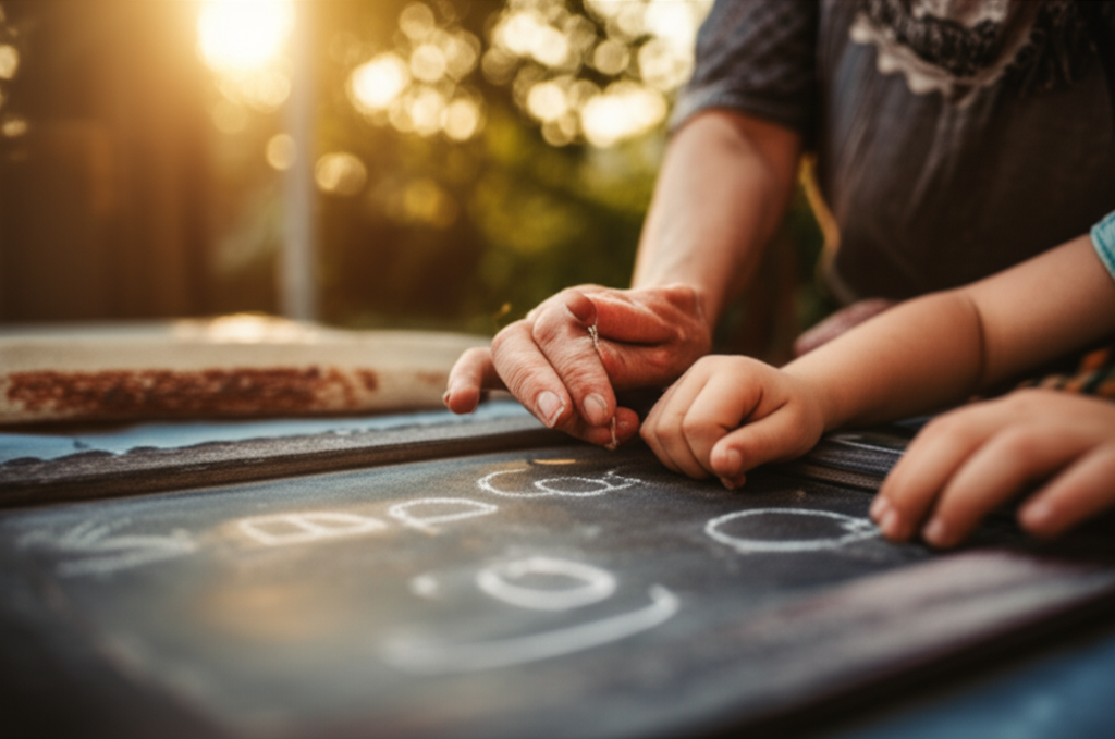 A close-up, slightly blurred shot focusing on the hands of a child carefully tracing letters in the Cyrillic alphabet on a dusty chalkboard while an older woman (perhaps a grandmother or local artisan) gently guides the child's hand. The setting is an outdoor workshop or rustic patio with the warm sunlight of late afternoon filtering through foliage in the background.