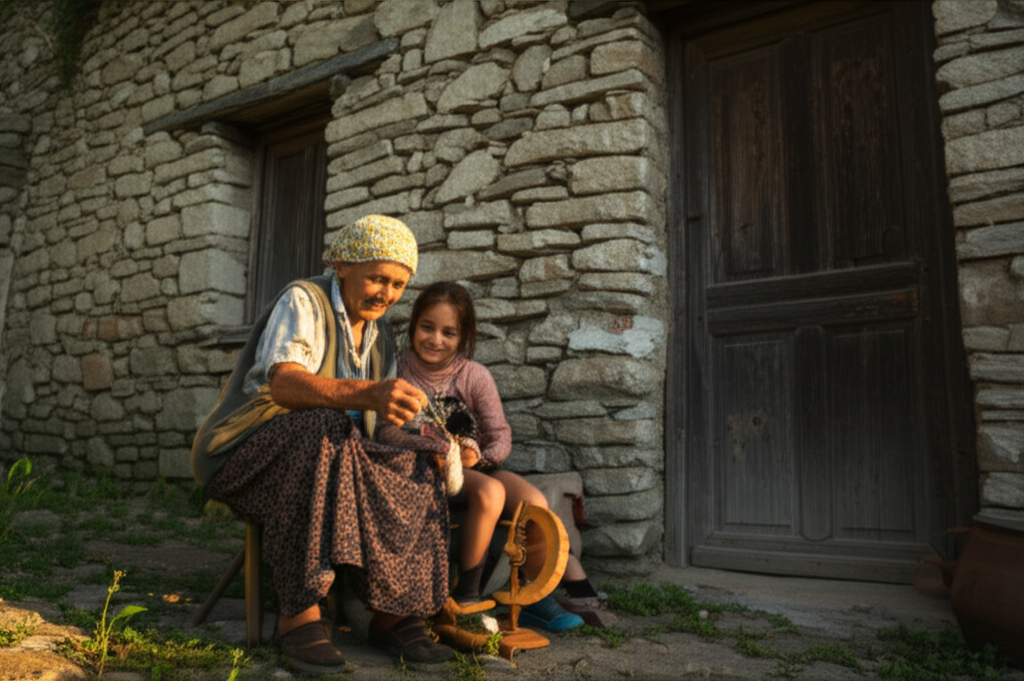 An elderly Balkan woman with a deeply lined, kind face, sitting on a low stool outside a traditional stone house. She is teaching a young child, around 6 years old, how to spin wool with a hand spindle. Both are focused on the task with gentle smiles, bathed in warm, late afternoon sunlight.