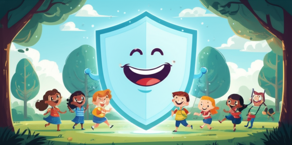 A stylized, bright, and friendly image of a digital shield protecting a group of diverse cartoon children playing happily in a park-like environment.