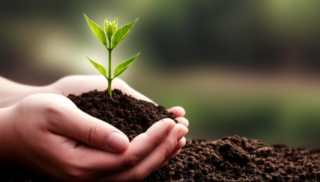 A pair of hands gently cupping a glowing seedling emerging from rich soil.