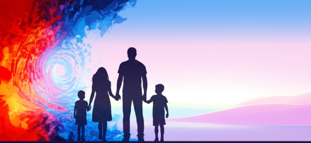 An image showing a stylized digital family (parents and two children) silhouetted against a backdrop that transitions from a chaotic, swirling vortex of harsh colors and fragmented shapes on one side, to a calm, serene landscape with soft, pastel colors on the other.