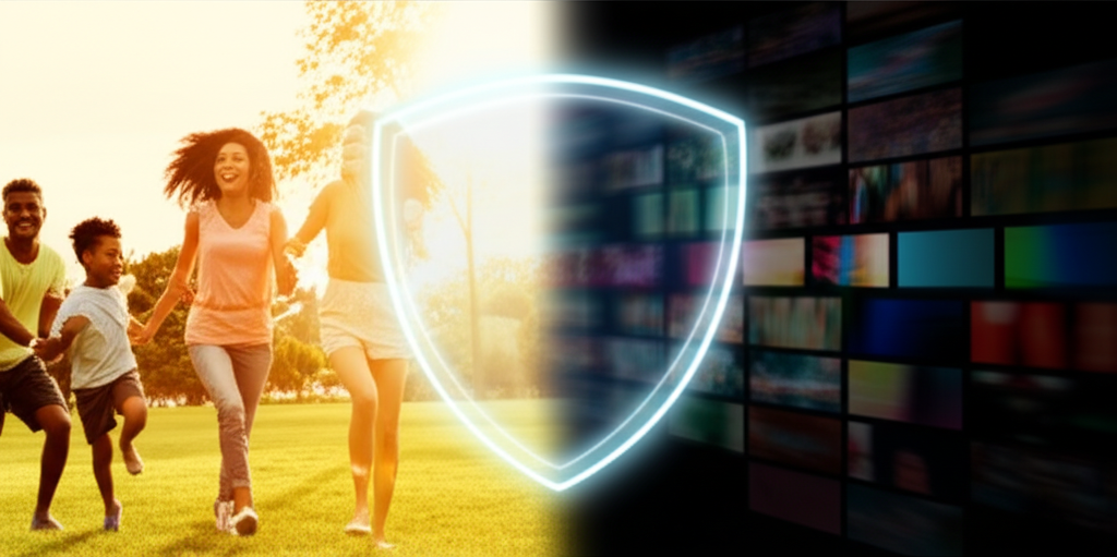 A split-screen image. On one side, a vibrant, sunlit scene of a family playing happily in a park, laughing and interacting positively. On the other side, a dimly lit, chaotic scene representing digital overload – fragmented screens showing ambiguous and slightly disturbing abstract imagery (think blurred, unsettling shapes and colors, not explicit content). The dividing line between the two scenes should be a subtle, glowing, protective shield.