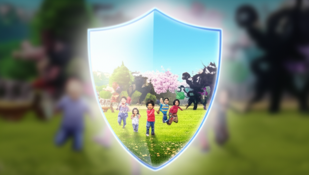 An image depicting a stylized, transparent shield with a soft, glowing interior. Within the shield, you see a vibrant, diverse group of children playing happily in a park rendered in a bright, inviting style. Outside the shield, blurred and indistinct shapes represent potentially harmful content like aggressive characters or dark, ominous landscapes. The overall impression is that the shield is protecting the joyful scene inside from the negativity outside.