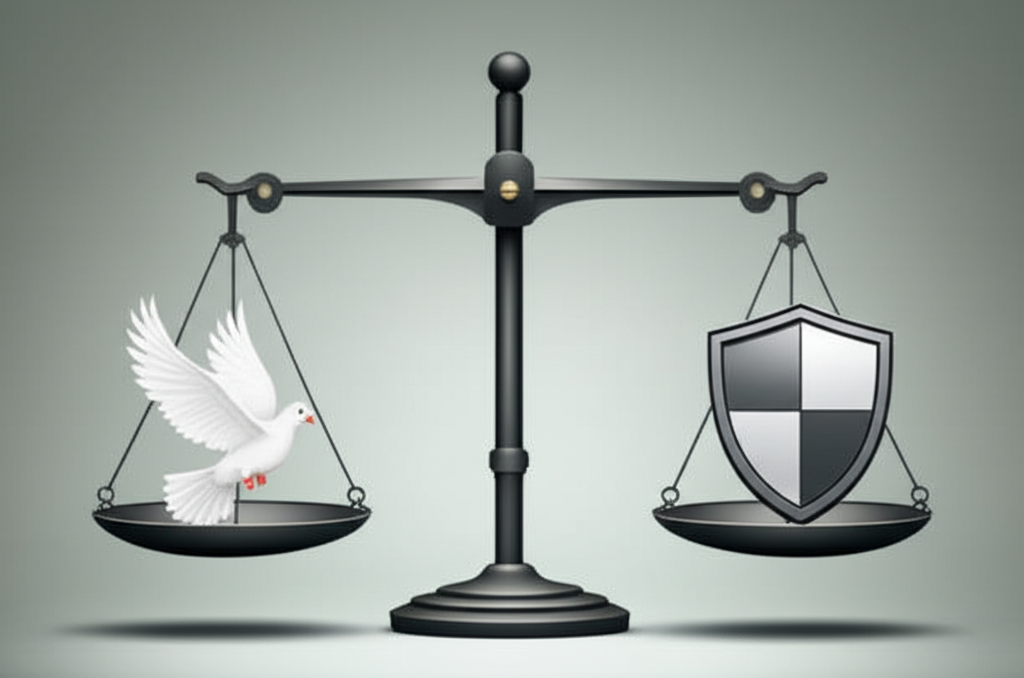 A single set of scales, perfectly balanced. On one side, a dove (symbolizing free expression). On the other side, a slightly larger, simplified shield (symbolizing protection from harmful content).