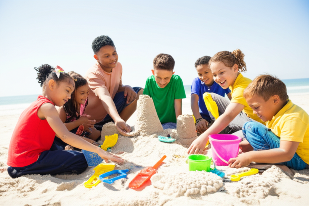 A diverse group of children (representing various ethnicities, genders, and abilities) are building a vibrant, inclusive sandcastle together on a sunny beach. They are all smiling and working cooperatively, with some using shovels and buckets, and others carefully placing seashells and decorations. The sandcastle looks stable and welcoming.