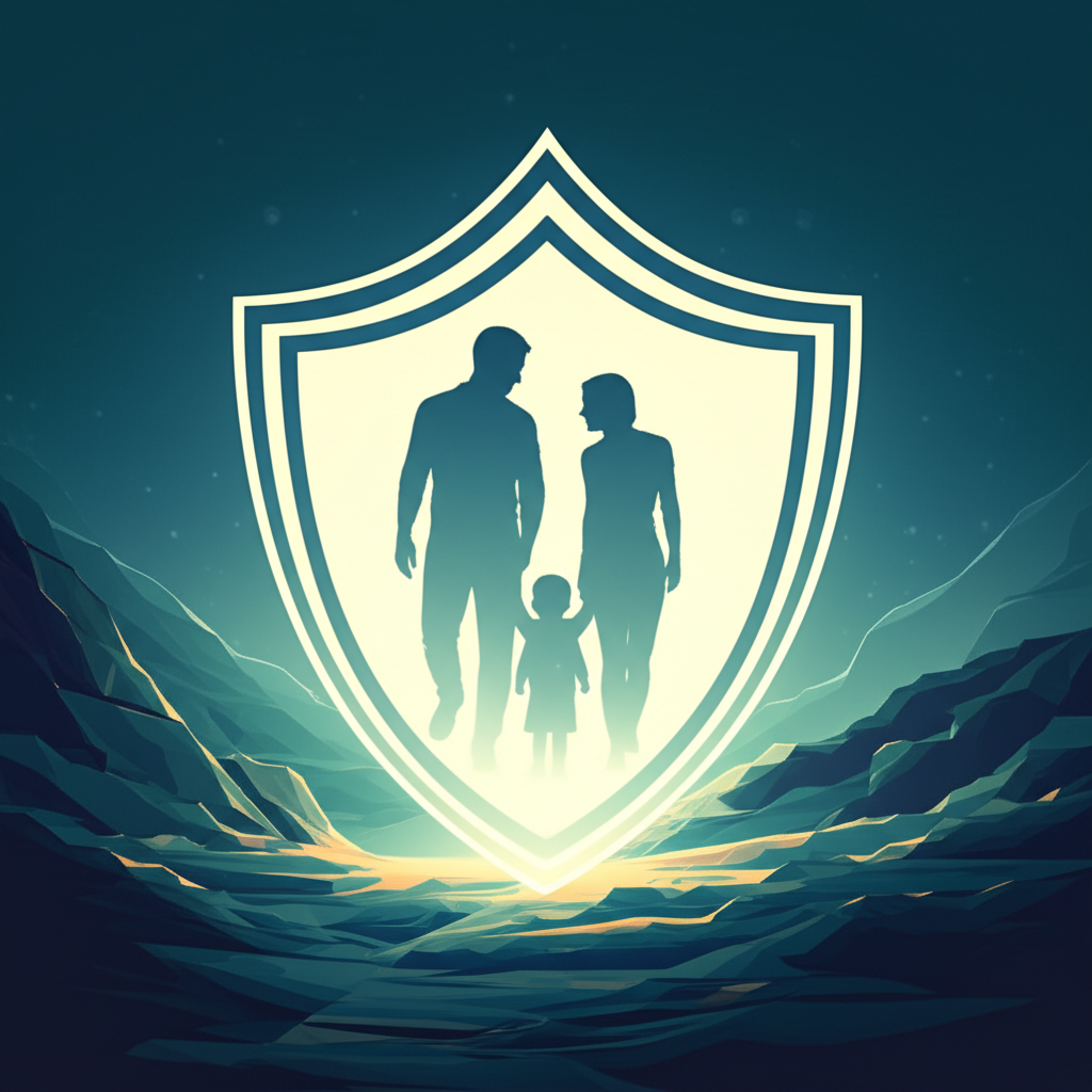 A family silhouette (father, mother, child) is inside a glowing, stylized shield.
