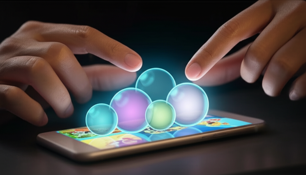 A parent's hands gently adjust a series of abstract, interconnected, glowing orbs (representing AI filters) radiating outward from a smartphone displaying a children's app or game. The orbs glow with varying intensities and colors, some brighter and more vibrant than others, suggesting the level of filtering being applied. The overall impression is one of control, customization, and a protective barrier being created around the digital content on the screen.