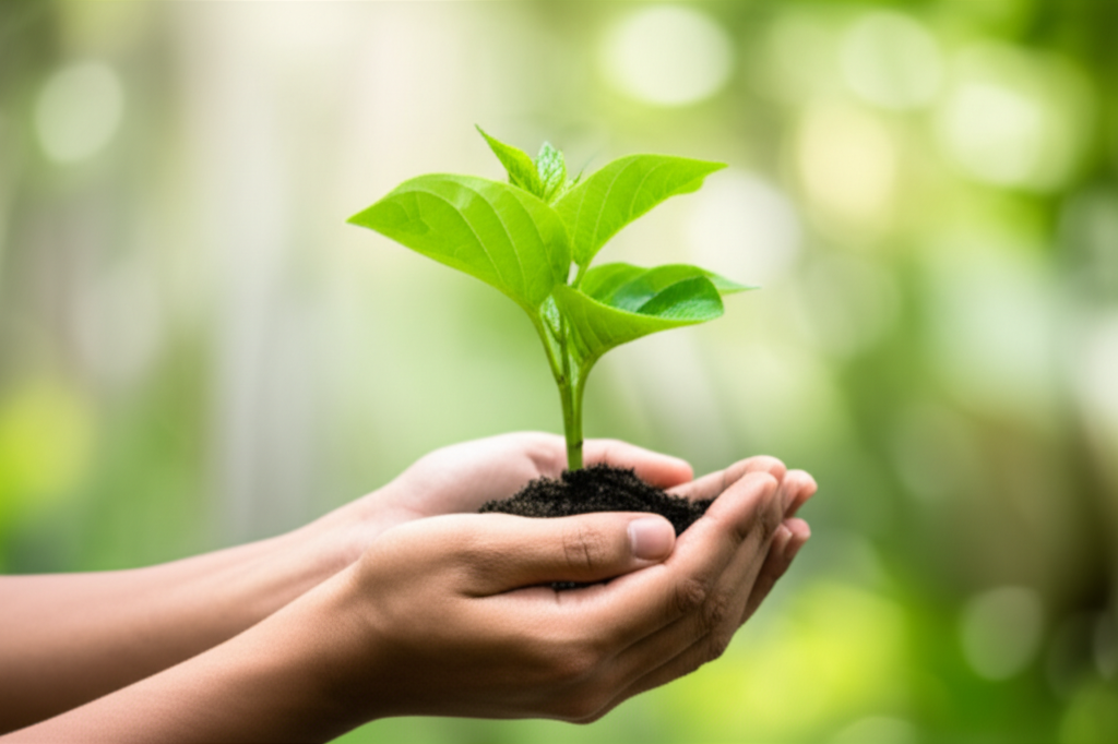 A close-up shot of a diverse pair of hands gently holding a vibrant, newly sprouted seedling. The background is blurred, suggesting a lush, natural environment.