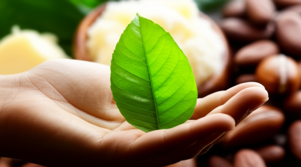 A hand gently cupping a vibrant green leaf, with blurred, ethically sourced ingredients (like shea butter, cocoa beans, or argan oil) subtly visible in the background, hinting at their origin.