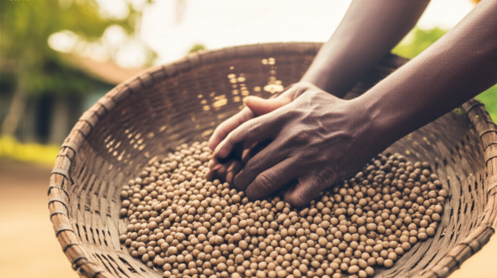 An overhead shot showing a close-up of hands gently sorting through raw shea nuts in a woven basket. The background subtly hints at a sunny, outdoor location, perhaps with blurred greenery and a hint of a rural building. The hands are weathered but clean, suggesting experienced harvesting.