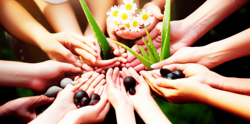 An image showing a diverse group of hands gently cupping and tending to thriving, organically grown ingredients that are commonly found in beauty products (like aloe vera, chamomile, and shea nuts), all bathed in soft, natural sunlight. The hands represent different ethnicities and age groups, conveying inclusivity and responsible care.