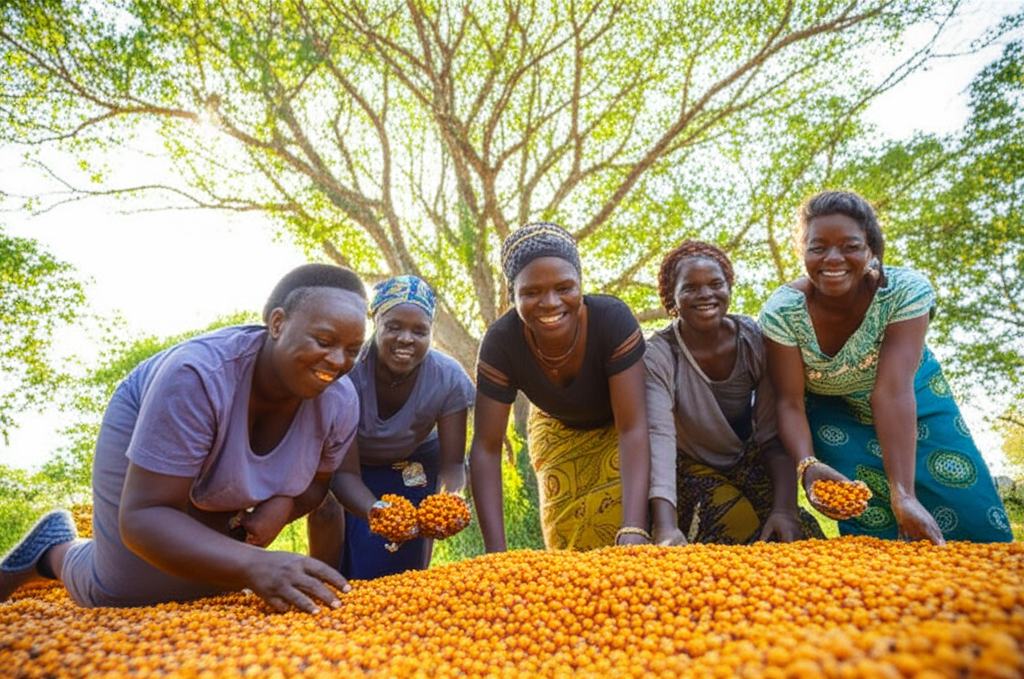 A vibrant, sun-drenched image showcasing a close-knit group of smiling people (representing a community) harvesting a natural ingredient (e.g., shea nuts, argan fruit) from a lush, natural environment. The people should look healthy, empowered, and actively participating in the harvest.