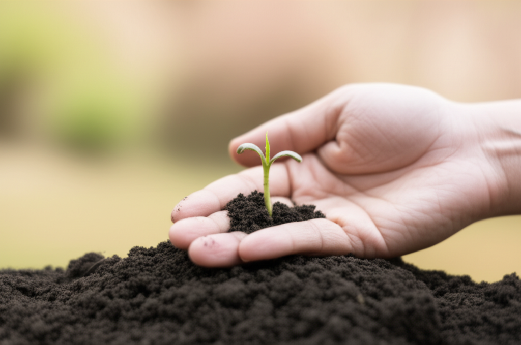 A close-up shot of a hand gently holding a small, newly sprouted seedling emerging from healthy, dark soil.