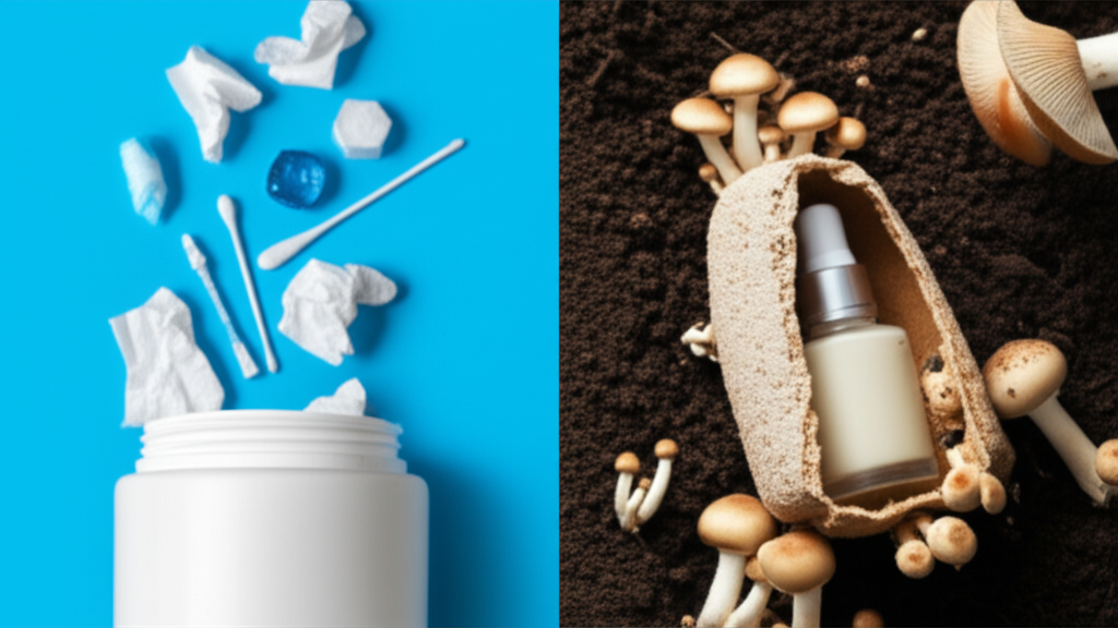 A split image: one side showing a traditional plastic cosmetic container overflowing with waste, the other side showcasing a compostable mushroom packaging cradling a skincare product nestled amongst growing mushrooms and healthy soil.
