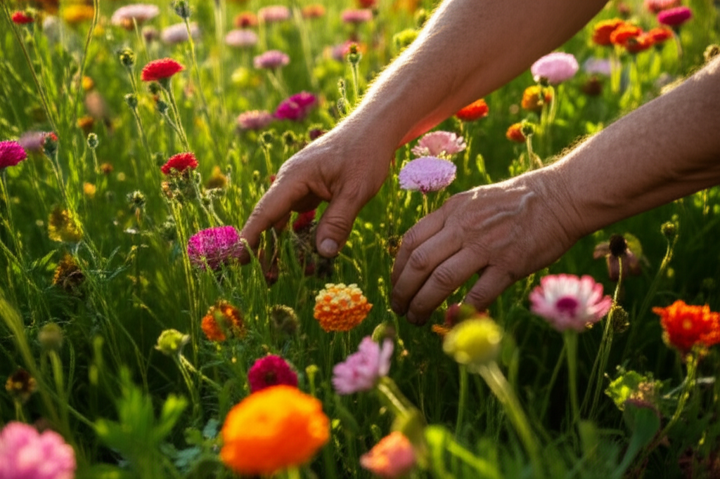 A close-up shot of calloused hands gently harvesting brightly colored flowers in a lush field, bathed in golden sunlight.