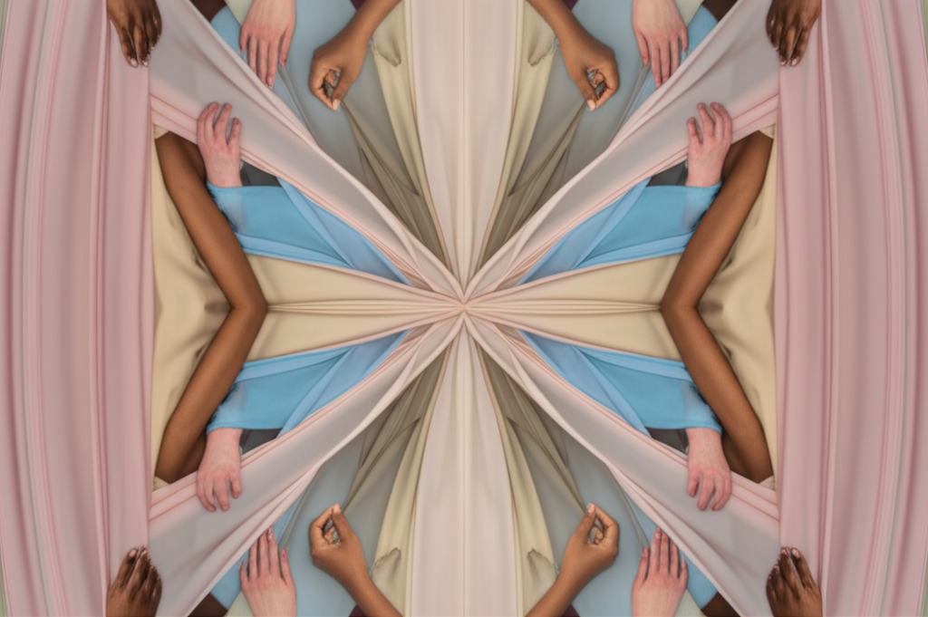 A circular composition featuring a kaleidoscope-like arrangement of fabric swatches in muted, earthy tones and soft pastels. The swatches are draped and layered to suggest flowing silhouettes, with subtle glimpses of diverse skin tones and hands delicately adjusting the fabric. The overall impression is ethereal and harmonious.