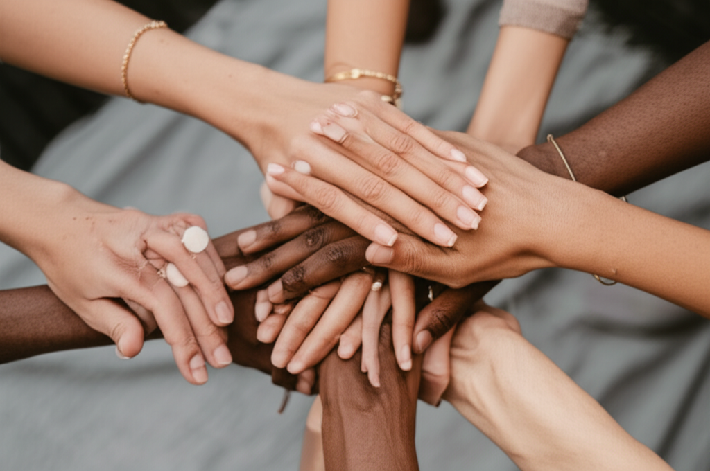 A close-up, slightly soft-focus image of diverse hands (various skin tones and ages, some adorned with simple, elegant jewelry) gracefully intertwining over a subtly textured, neutral-toned fabric backdrop. The lighting is warm and inviting, focusing on the connection and collaborative spirit.
