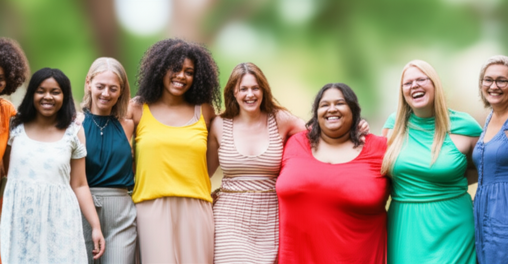 A diverse group of models of various ages, ethnicities, body types, and abilities, all smiling and interacting warmly with each other. They are wearing different outfits that are recognizably 'modest' in some way (e.g., longer hemlines, looser fits, higher necklines) but showcase a variety of styles, colors, and textures, reflecting individuality and personal expression. The background is a blurred, soft-focus scene reminiscent of a garden or park, suggesting natural beauty and inclusivity.