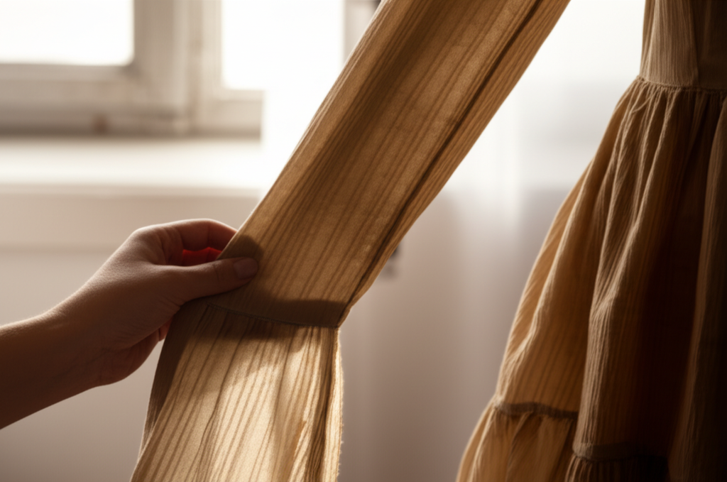 A close-up shot of hands carefully sewing a delicate, flowing sleeve of a garment. The fabric has a visibly natural texture and subtle, earth-toned color variations. Sunlight streams in through a window in the background, highlighting the craftsmanship and the natural quality of the material.