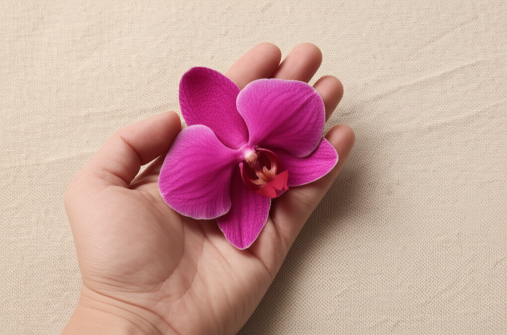 A close-up shot of a hand delicately holding a swatch of raw linen in a warm beige tone, while a single, vibrant fuchsia orchid blossom rests gently against the fabric.
