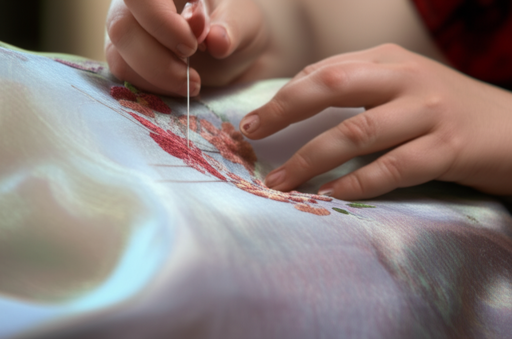 Close-up of hands delicately embroidering intricate floral patterns onto a flowing, subtly iridescent silk fabric.
