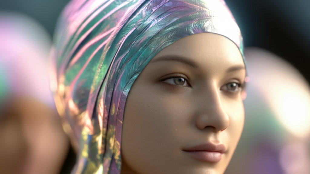 A close-up, soft-focus shot of a woman's head, where a futuristic head covering seems to seamlessly blend into her hair. The head covering could be constructed from interwoven, shimmering, and subtly iridescent materials that give off a gentle, ethereal glow. It should be elegant and minimalist, not bulky or overly technological, hinting at advanced materials and craftsmanship. Her expression is serene and confident.