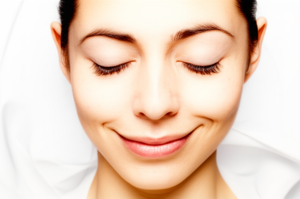 A close-up shot focusing on a woman's face. She's wearing a modest outfit with subtle, flowing lines and a soft color. Her eyes are closed, and she has a gentle, peaceful smile on her face. The lighting is soft and warm, emphasizing her natural complexion and the serenity of her expression. No visible makeup.