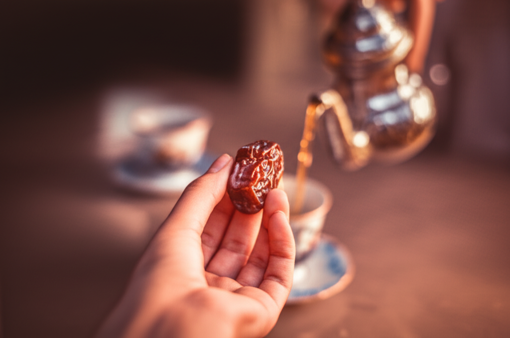 A close-up, warm-toned image focusing on a hand elegantly holding a perfectly ripe, glistening date. In the background, slightly out of focus, a delicate porcelain teacup is being gently poured from a traditional Middle Eastern teapot.